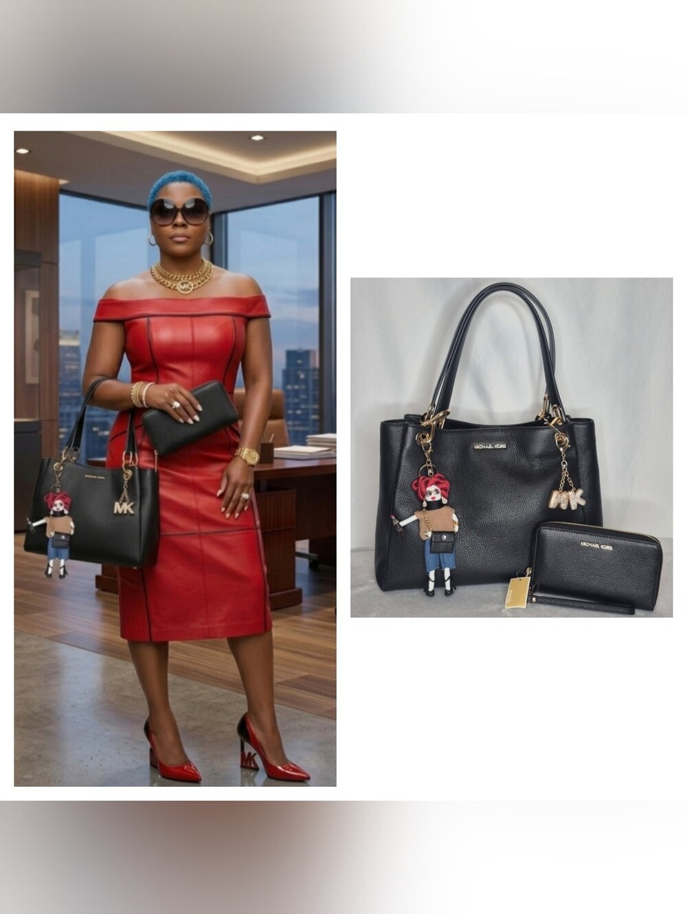 MICHAEL Michael Kors "TRISHA" Black Leather Shoulder Bag & Wristlet Wallet $886